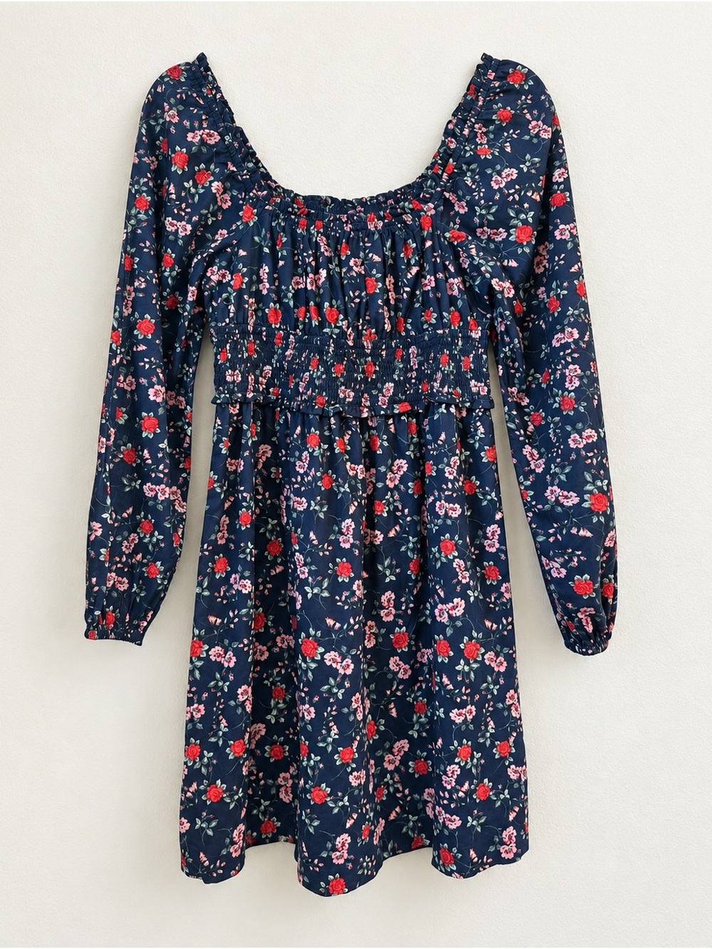 BP. Navy Floral Smocked Waist Long Sleeve Mini Dress Small Cotton